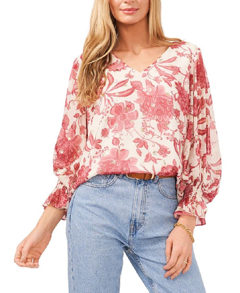 Vince Camuto Women's Gemma Floral Print Bell Sleeve Top White Size Medium
