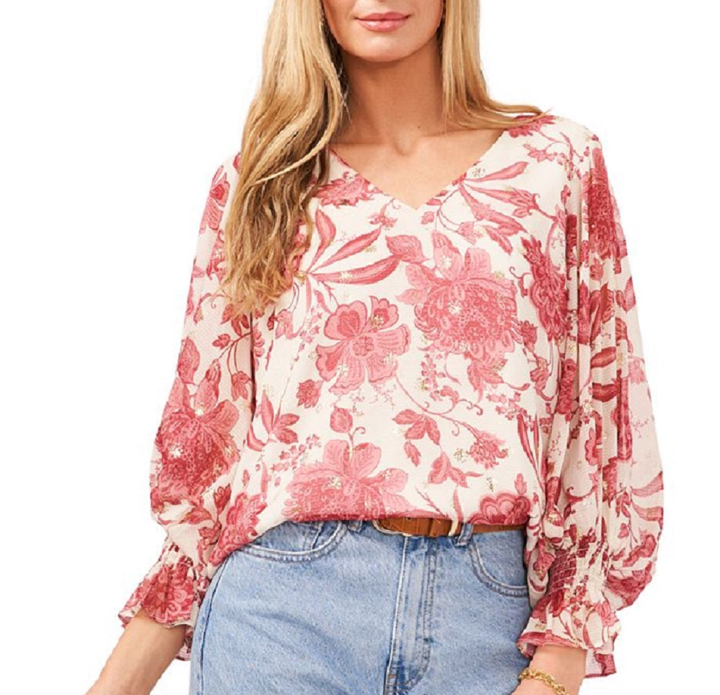 Vince Camuto Women's Gemma Floral Print Bell Sleeve Top White Size Medium