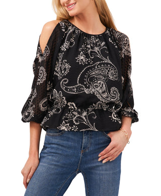 Vince Camuto Women's Blooming Paisley Cold Shoulder Top Black Size X-Small