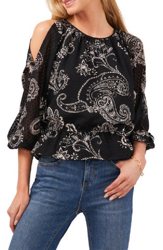 Vince Camuto Women's Blooming Paisley Cold Shoulder Top Black Size Small