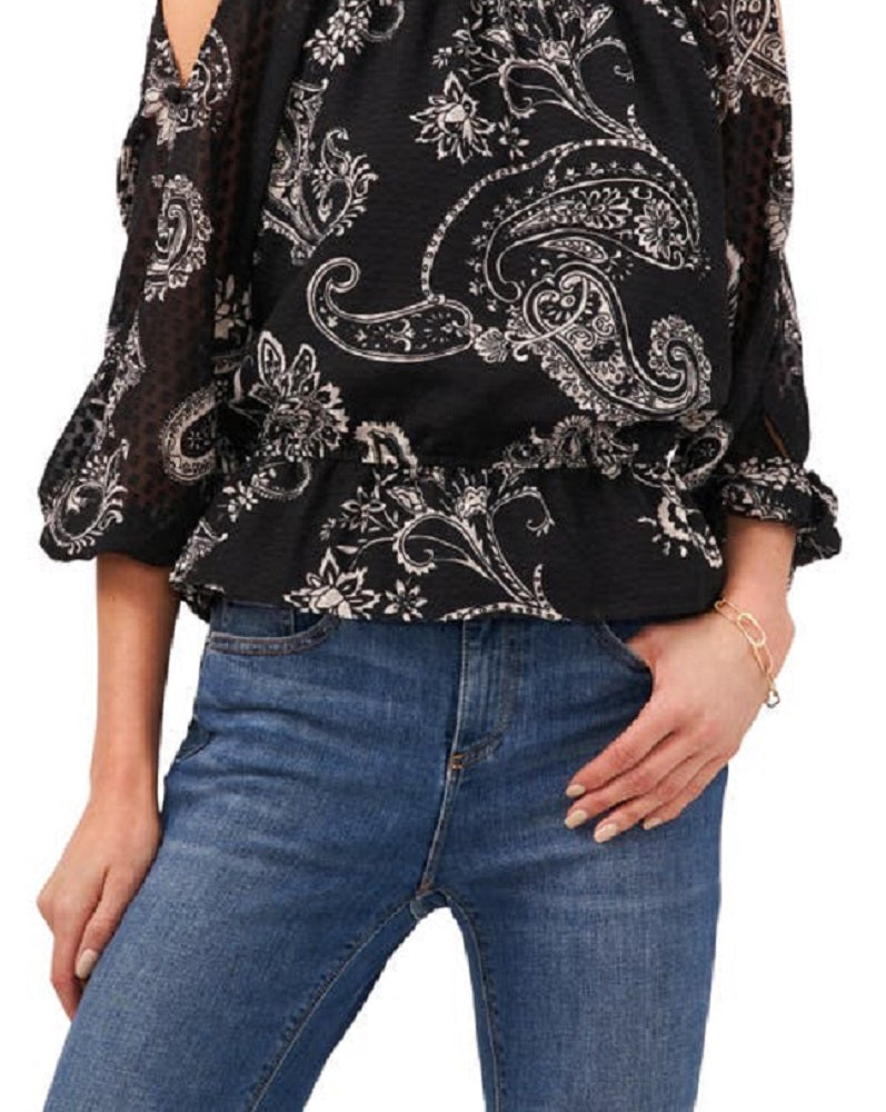 Vince Camuto Women's Blooming Paisley Cold Shoulder Top Black Size Small
