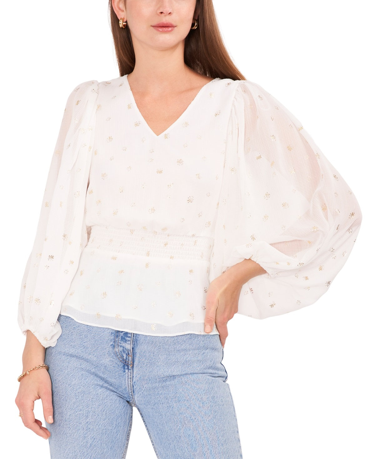 Vince Camuto Women's Foiled Smocked Hem Puff Sleeve Blouse White