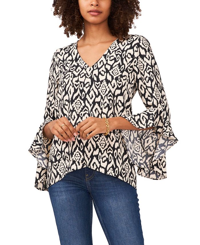 Vince Camuto Women's Flutter Sleeve V Neck Etched Geo Blouse Gray Size X-Large