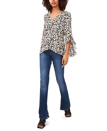 Vince Camuto Women's Flutter Sleeve V Neck Etched Geo Blouse Gray Size X-Large