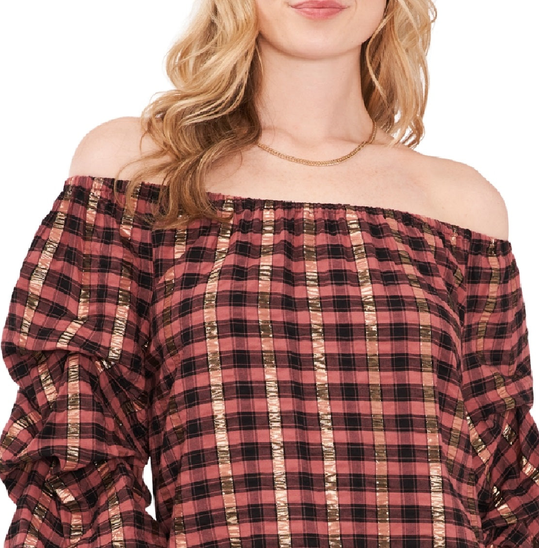 Vince Camuto Women's Plaid Off The Shoulder Top Black Size X-Large