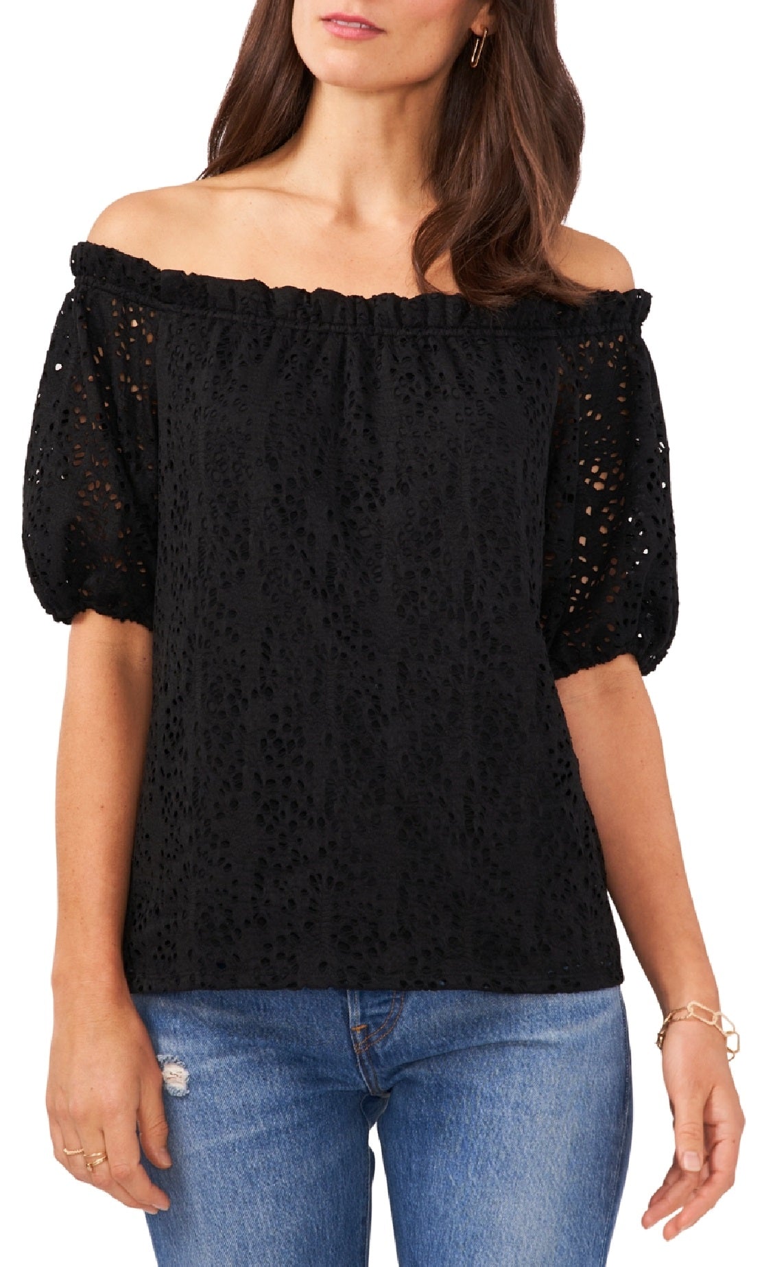 Vince Camuto Women's Lace Off The Shoulder Top Black Size Medium