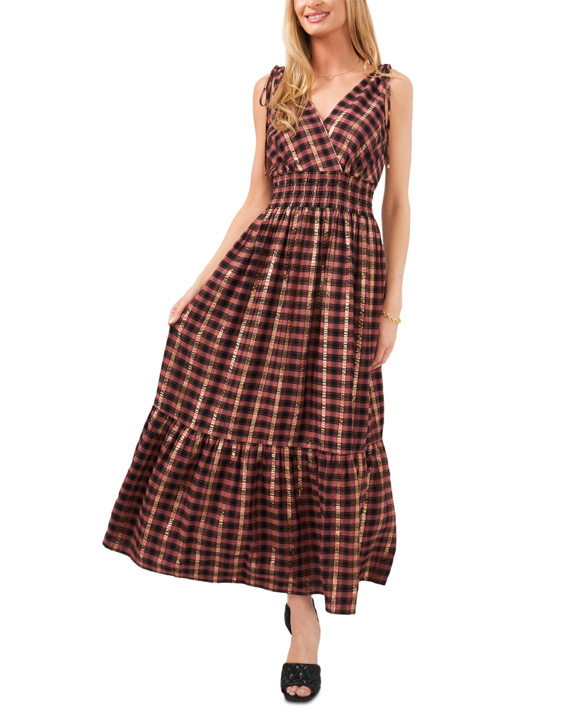Vince Camuto Women's Metallic Pucker Plaid Maxi Dress Brown Size XX-Small