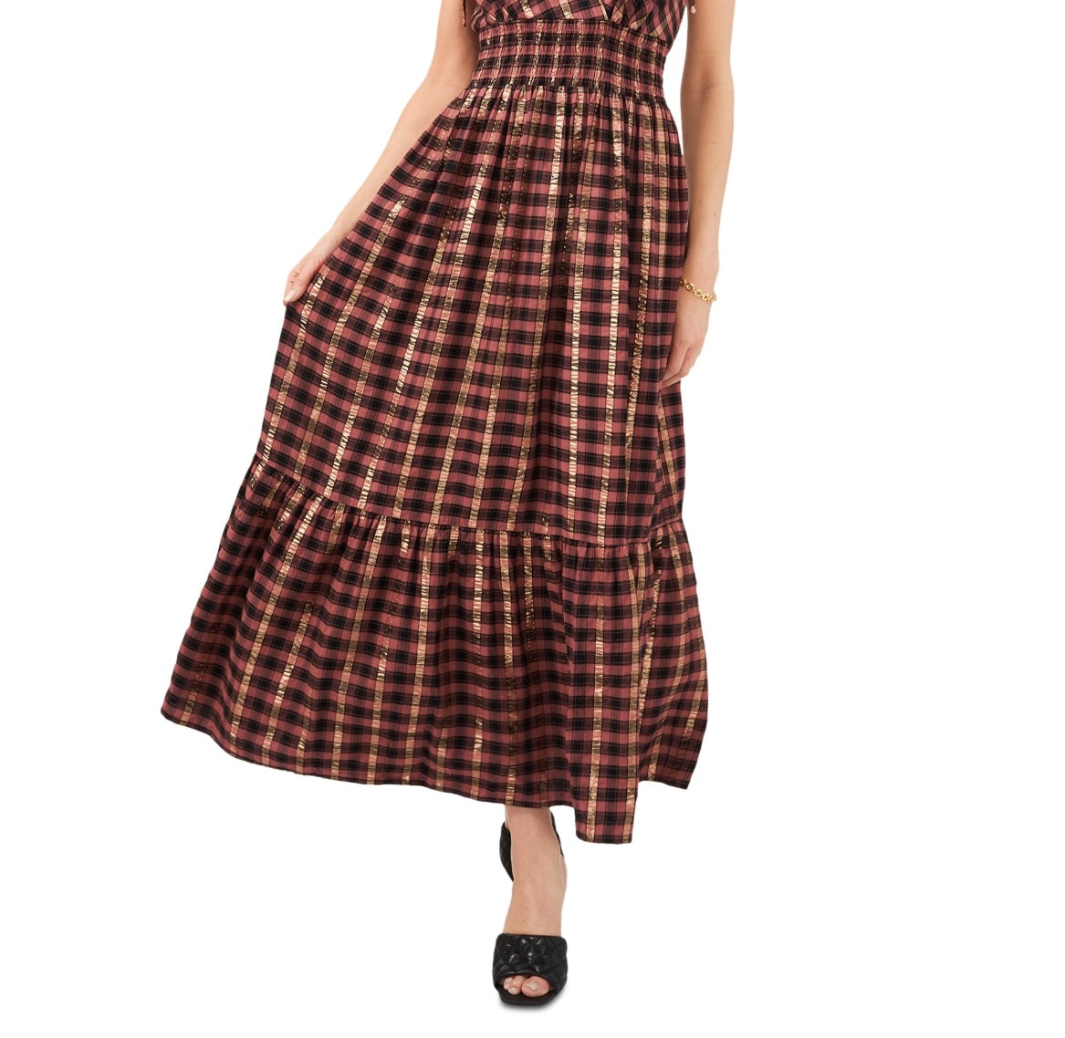 Vince Camuto Women's Metallic Pucker Plaid Maxi Dress Brown Size XX-Small