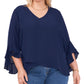 Vince Camuto Women's Flutter Sleeve Crossover Hem Top Blue Size 1X