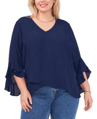 Vince Camuto Women's Flutter Sleeve Crossover Hem Top Blue Size 1X