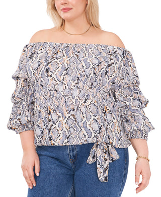 Vince Camuto Womens Snake Print Off the Shoulder Bubble Sleeve Blouse Blue Size 1X
