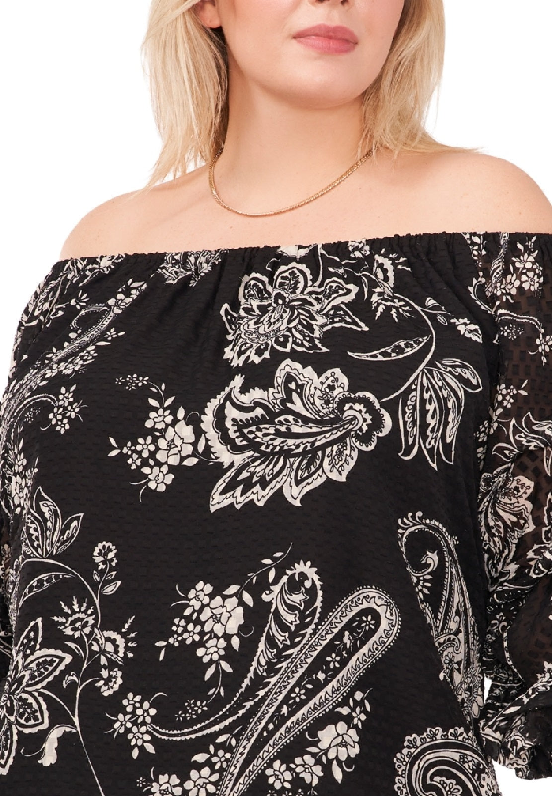 Vince Camuto Women's Printed Bubble Sleeve Off The Shoulder Tie Hem Top Black Size 3X