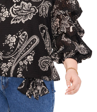 Vince Camuto Women's Printed Bubble Sleeve Off The Shoulder Tie Hem Top Black Size 3X