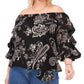 Vince Camuto Women's Printed Bubble Sleeve Off The Shoulder Tie Hem Top Black Size 3X