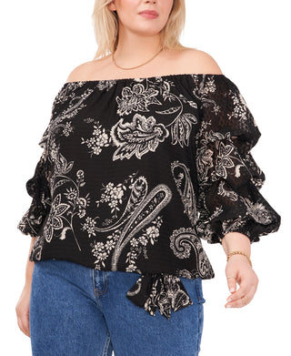 Vince Camuto Women's Printed Bubble Sleeve Off The Shoulder Tie Hem Top Black Size 3X