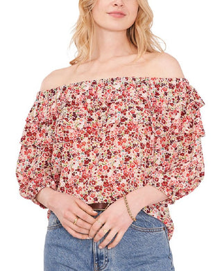 Vince Camuto Women's Floral Print Off The Shoulder Top Brown Size X-Large