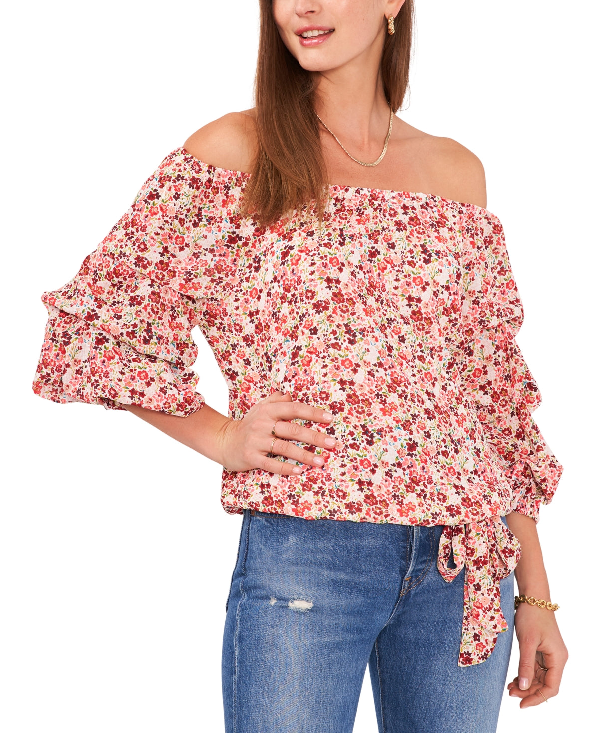 Vince Camuto Women's Sunset Ditsy Off The Shoulder Bubble Sleeve Blouse Brown Size X-Large