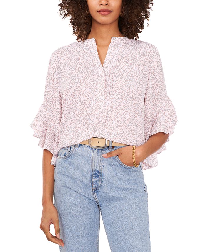 Vince Camuto Women's Animal Print Flutter Sleeve Blouse Brown Size Medium