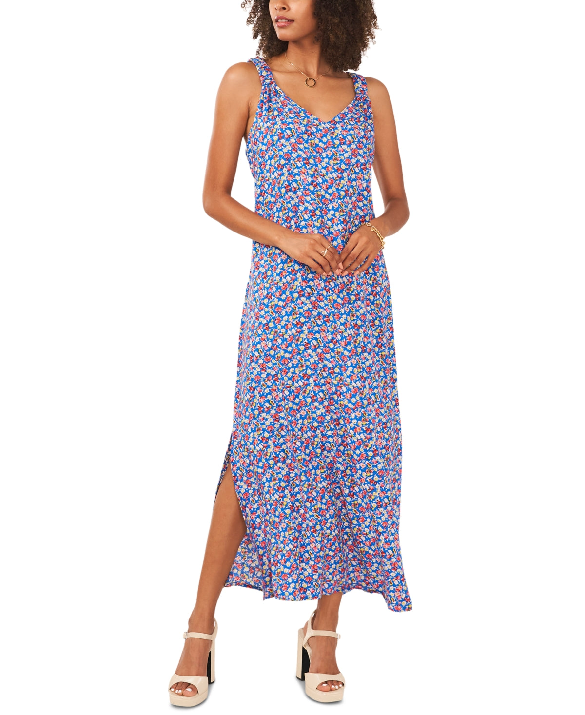 Vince Camuto Women's Printed Slit Sleeveless Dress Blue Size Medium