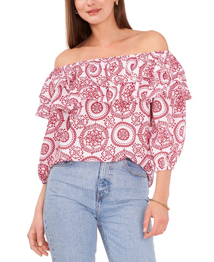 Vince Camuto Women's Printed Off The Shoulder Top White Size X-Small