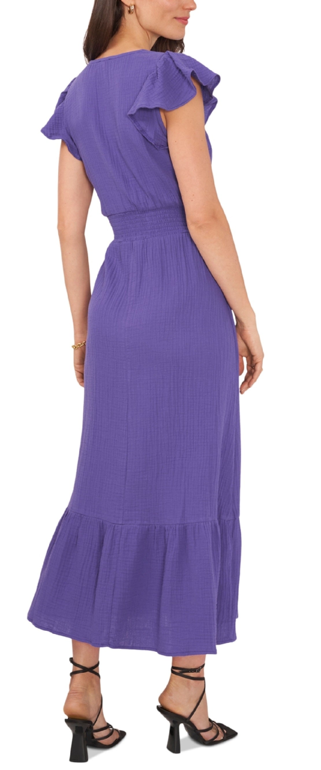 Vince Camuto Women's Gauzy Smocked Waist Ruffled Dress Purple Size Small