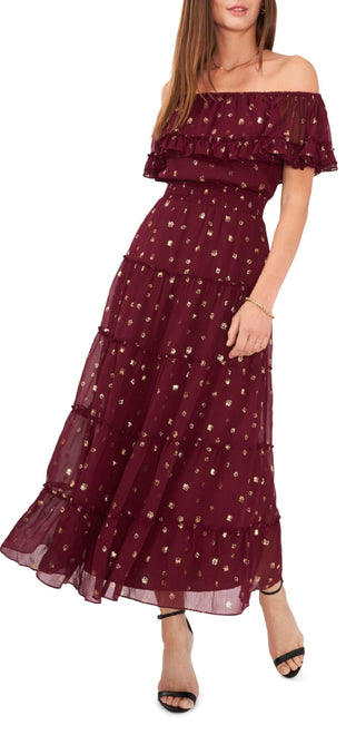 Vince Camuto Women's Foil Accent Off The Shoulder Tiered Dress Purple Size X-Large