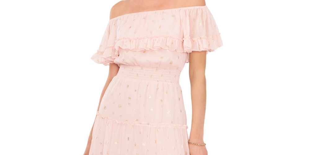 Vince Camuto Women's Foil Accent Off The Shoulder Tiered Dress Pink Size X-Large