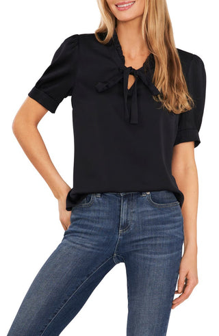 CeCe Women's Puff Sleeve Tie Neck Blouse Black Size X-Large
