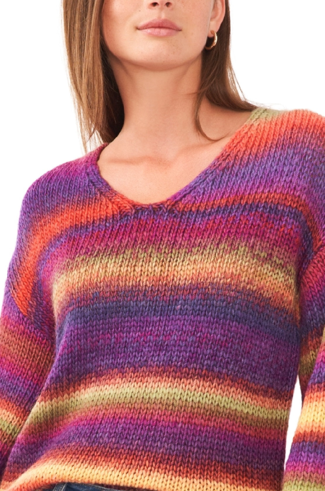 Vince Camuto Women's V Neck Long Sleeve Striped Sweater Red Size Medium