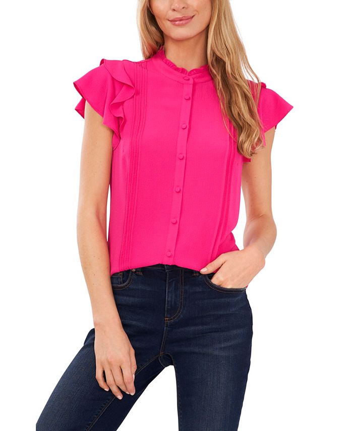 CeCe Women's Pintuck Ruffle Short Sleeve Blouse Pink Size Medium