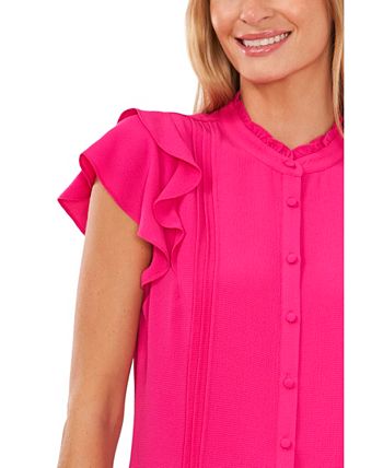 CeCe Women's Pintuck Ruffle Short Sleeve Blouse Pink Size Medium