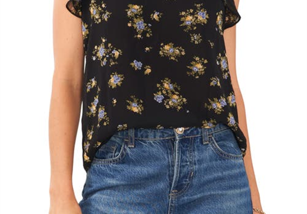 1.STATE V-Neck Chiffon Top Flutter Sleeve in Vintage Garden Size XS