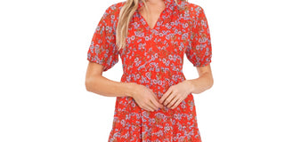 CeCe Women's Floral Print Babydoll Dress Red Size Medium