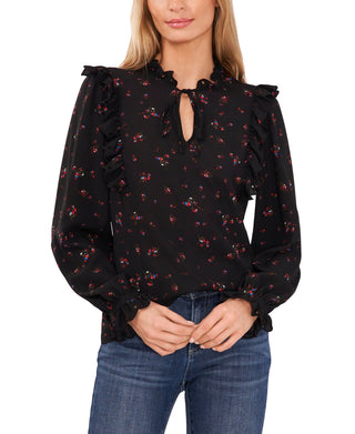 CeCe Women's Floral Ruffle Split Neck Blouse Black Size Small