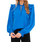 CeCe Women's Ruffle Neck Long Sleeve Blouse Blue Size Small