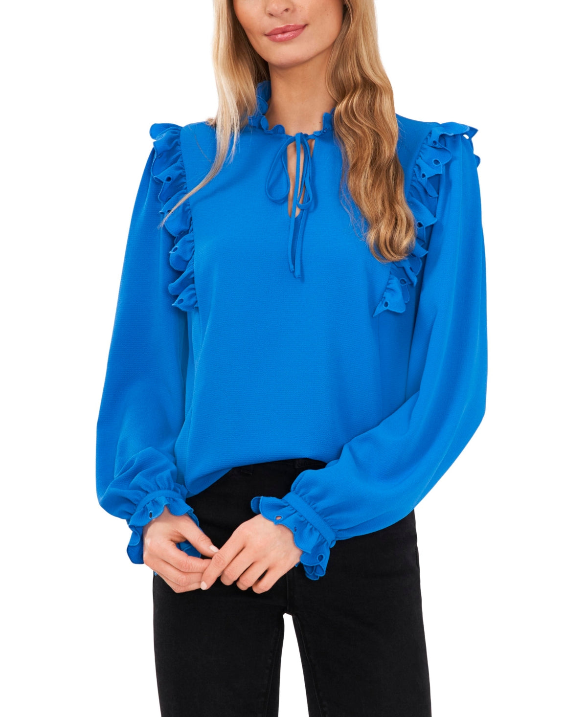 CeCe Women's Ruffle Neck Long Sleeve Blouse Blue Size Small