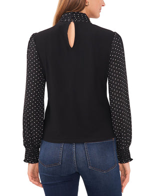 CeCe Women's Mixed Media Bow Top Black Size Small