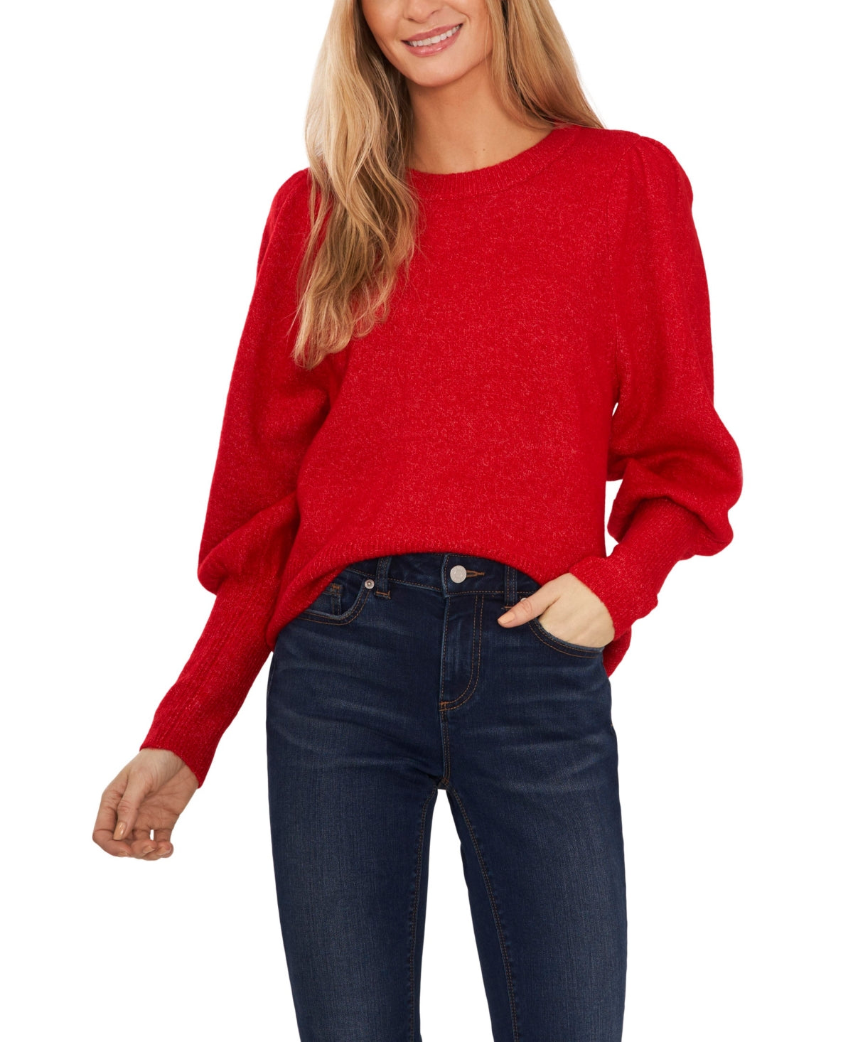 Cece Women's Red Long Sleeve Puff-Sleeve Crew Neck Sweater Size M