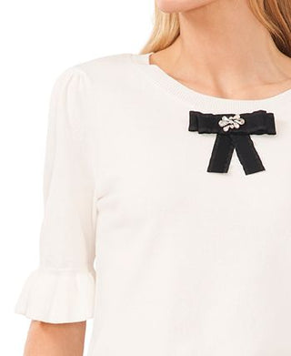 CeCe Women's Embellished Puff Sleeve Sweater Brown Size Small