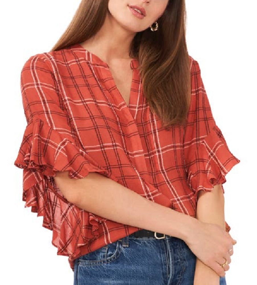 Vince Camuto Women's Plaid Ruffle Sleeve Flannel Shirt Red Size Large