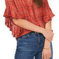 Vince Camuto Women's Plaid Ruffle Sleeve Flannel Shirt Red Size Large