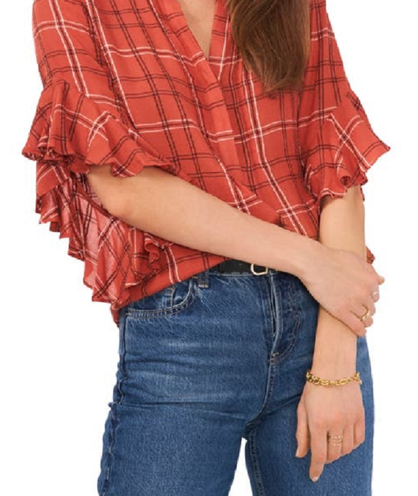 Vince Camuto Women's Plaid Ruffle Sleeve Flannel Shirt Red Size Large