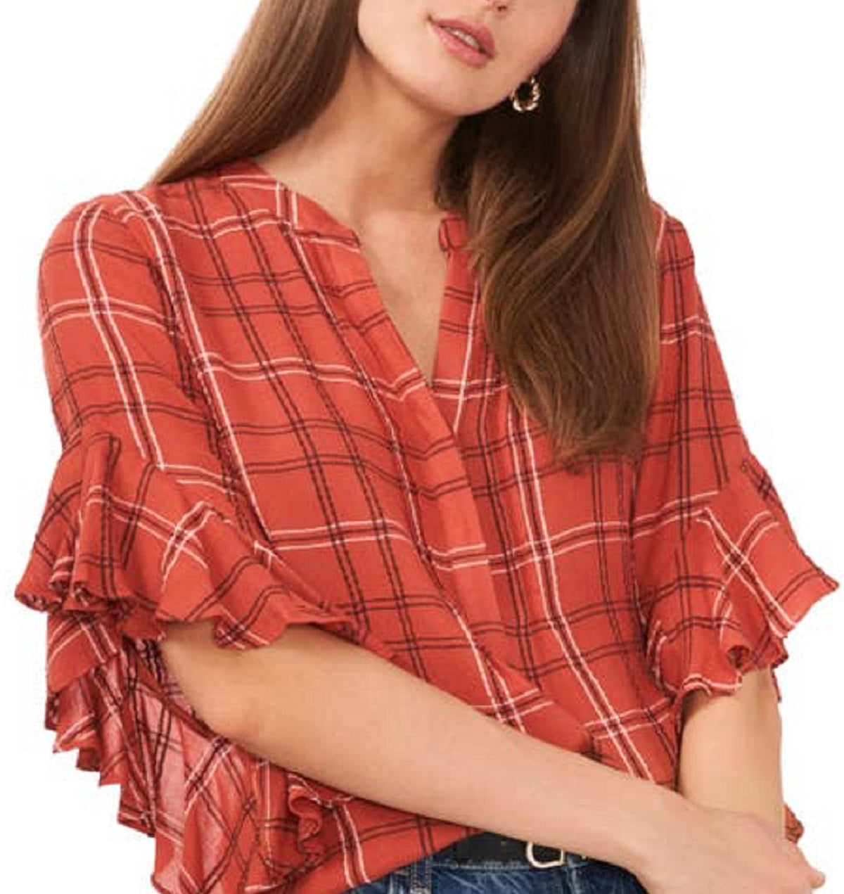 Vince Camuto Women's Plaid Ruffle Sleeve Flannel Red Size Medium