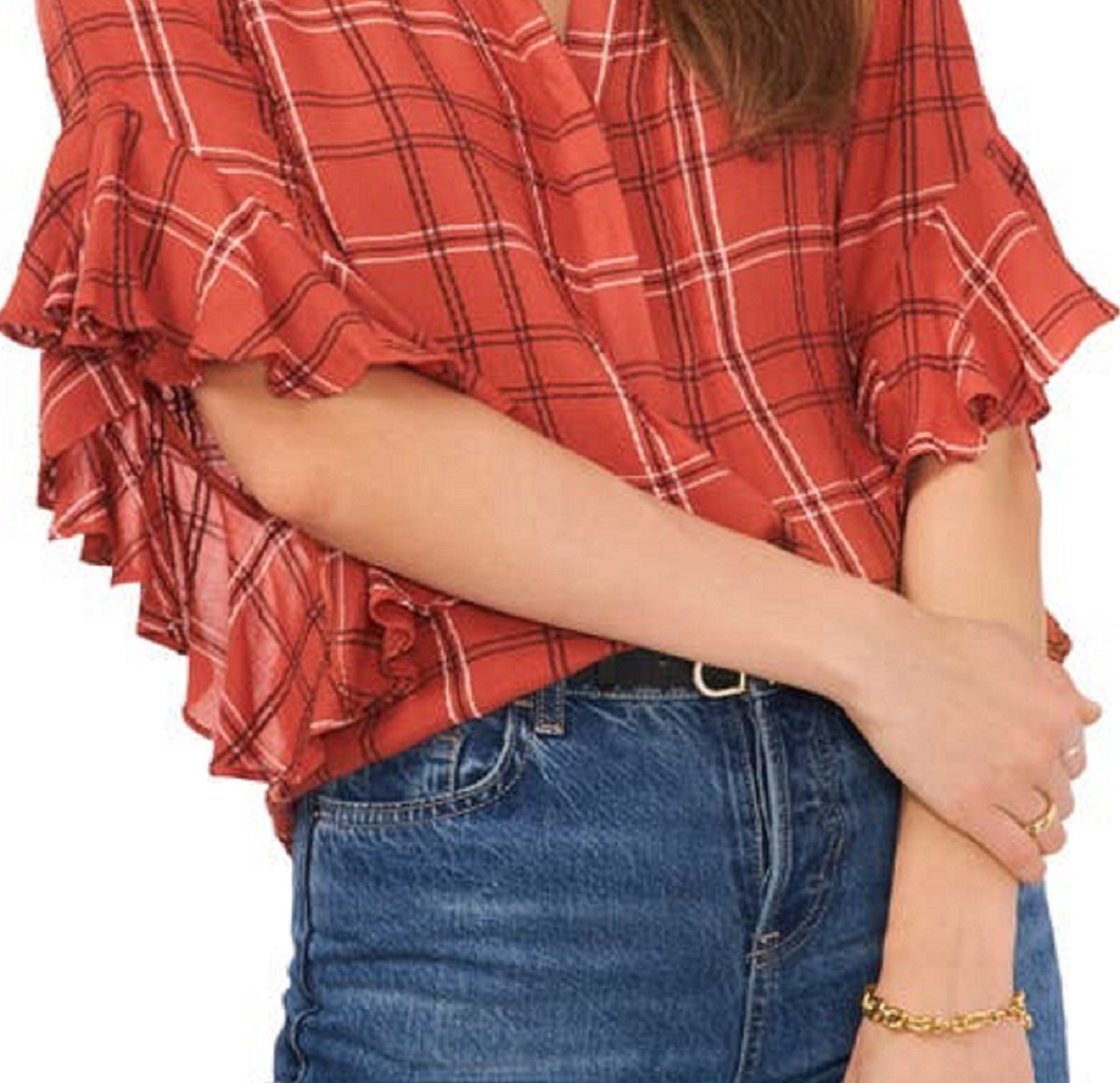 Vince Camuto Women's Plaid Ruffle Sleeve Flannel Red Size Medium