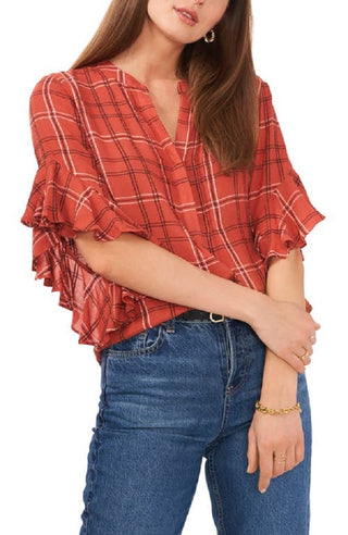Vince Camuto Women's Plaid Ruffle Sleeve Flannel Shirt Red Size Small