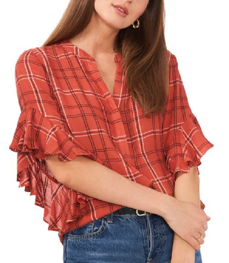 Vince Camuto Women's Plaid Ruffle Sleeve Flannel Shirt Red Size Small