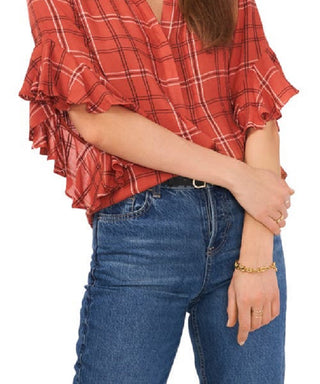 Vince Camuto Women's Plaid Ruffle Sleeve Flannel Shirt Red Size Small