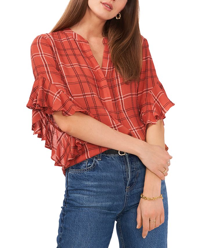 Vince Camuto Women's Plaid Ruffle Sleeve Flannel Shirt Red Size X-Large