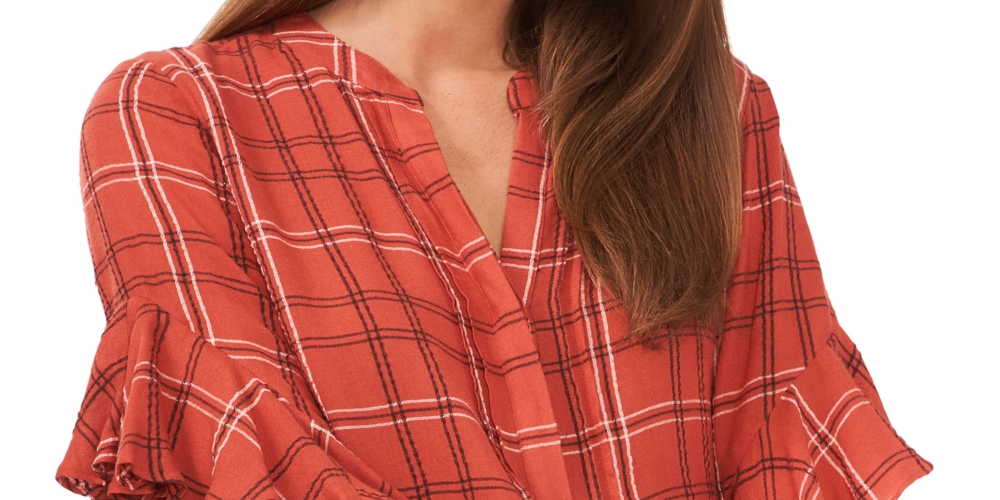 Vince Camuto Women's Plaid Ruffle Sleeve Flannel Shirt Red Size X-Large