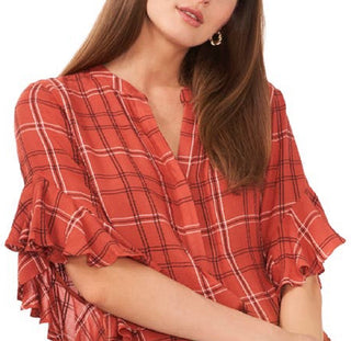 Vince Camuto Women's Plaid Ruffle Sleeve Flannel Shirt Red Size X-Small